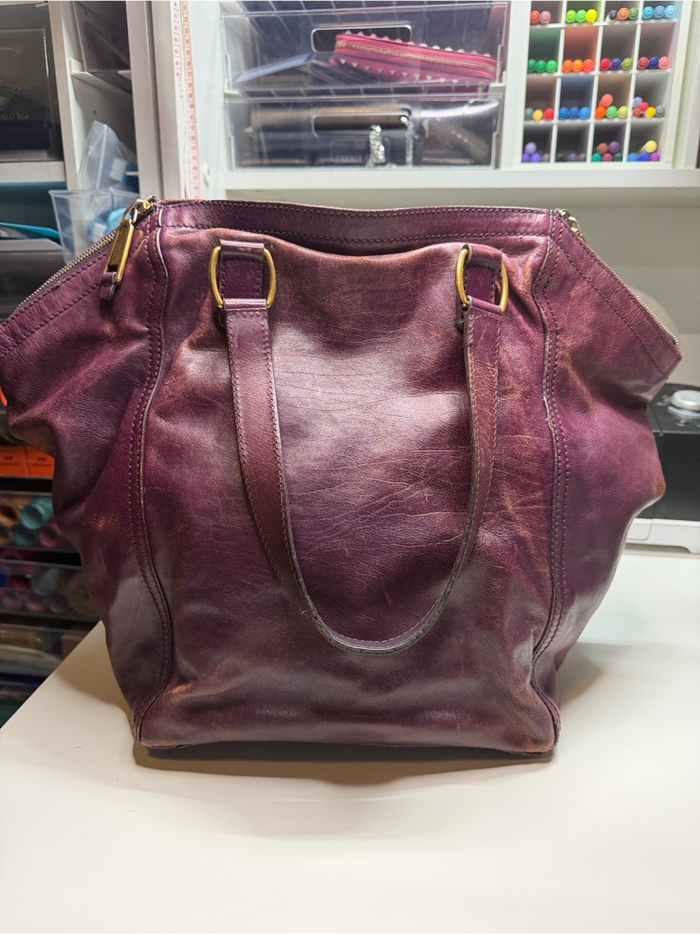 Yves Saint Laurent Plum Leather Tote with Gold Hardware - Picture 2 of 7